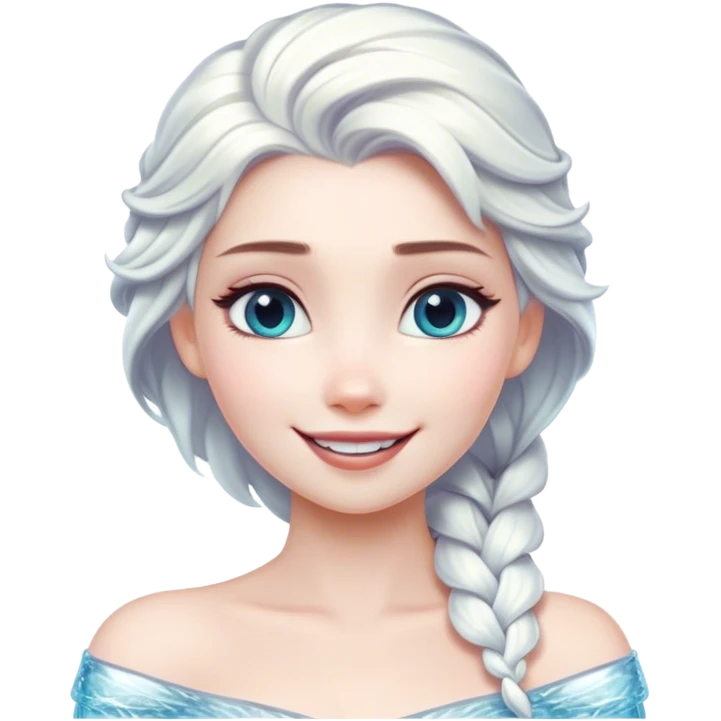 Cinematic Radiant Snow Queen Portrait Emoji, rendered in a realistic, vector style with clean proportions. Show Elsa with a gentle, confident smile, icy pale skin, and luxuriously styled platinum hair, her expression calm and regal. The image glows with a soft, enchanting icy luminescence, high shine, and is accented by a soft glowing outline that enhances her ethereal beauty. emoji