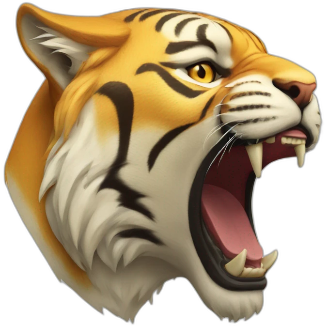 the head of a golden tiger, in profile to the right side, an aggressive growl with flattened ears emoji