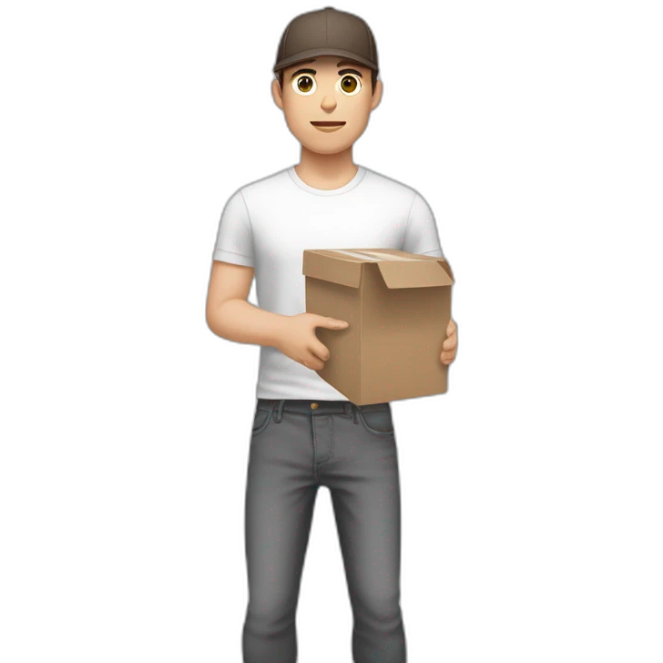 Pale skinned fit Man with dark brown hair in a light gray cap, dark brown jeans, brown polo and white T-shirt keeping a pasted with tape white box into his hands emoji