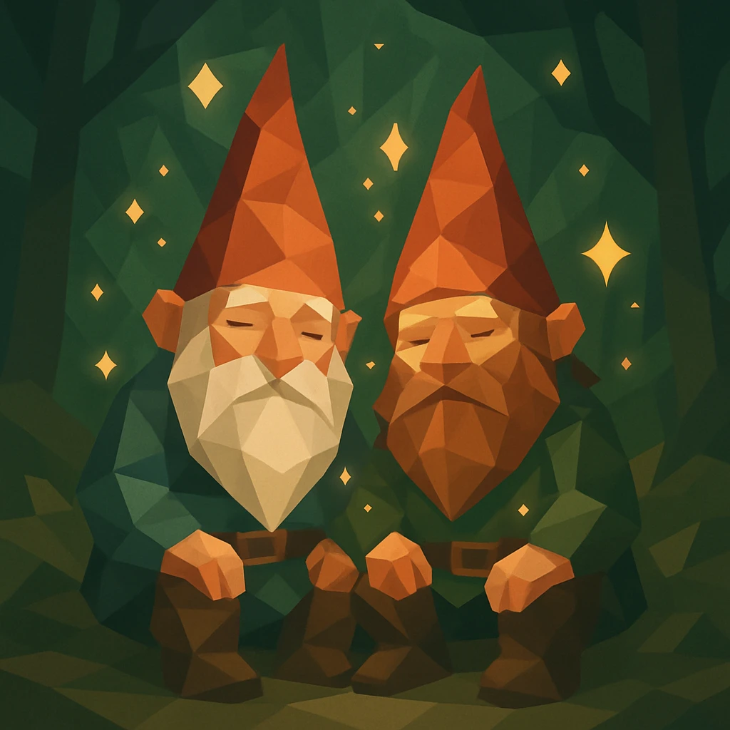 two gnomes in a forest, sitting side by side, magical effects, low-poly look, polygonal style emoji