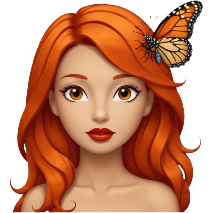 A siren with dark orange hair, red lips, dark brown eyes, nice eyelashes and a Monarch butterfly on her shoulder emoji