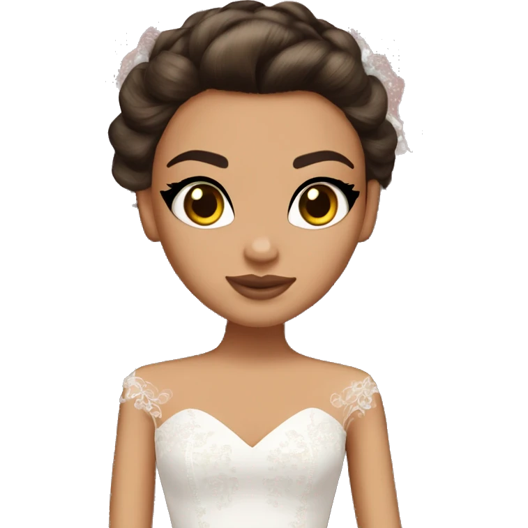 Bratz, bride, brunette half up half down hair, olive skin, brown almond cat eyes emoji