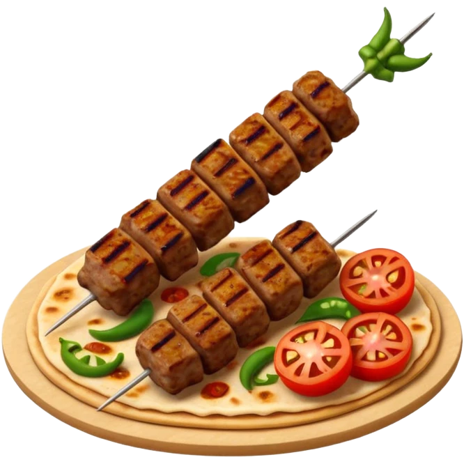 Adana kebab object icon, spicy grilled minced meat skewer, served on flatbread, grilled tomatoes and green peppers on the side, smoky char marks, juicy texture, 3D cartoon, mobile game icon style, centered, clean background, no text, no watermark
 emoji