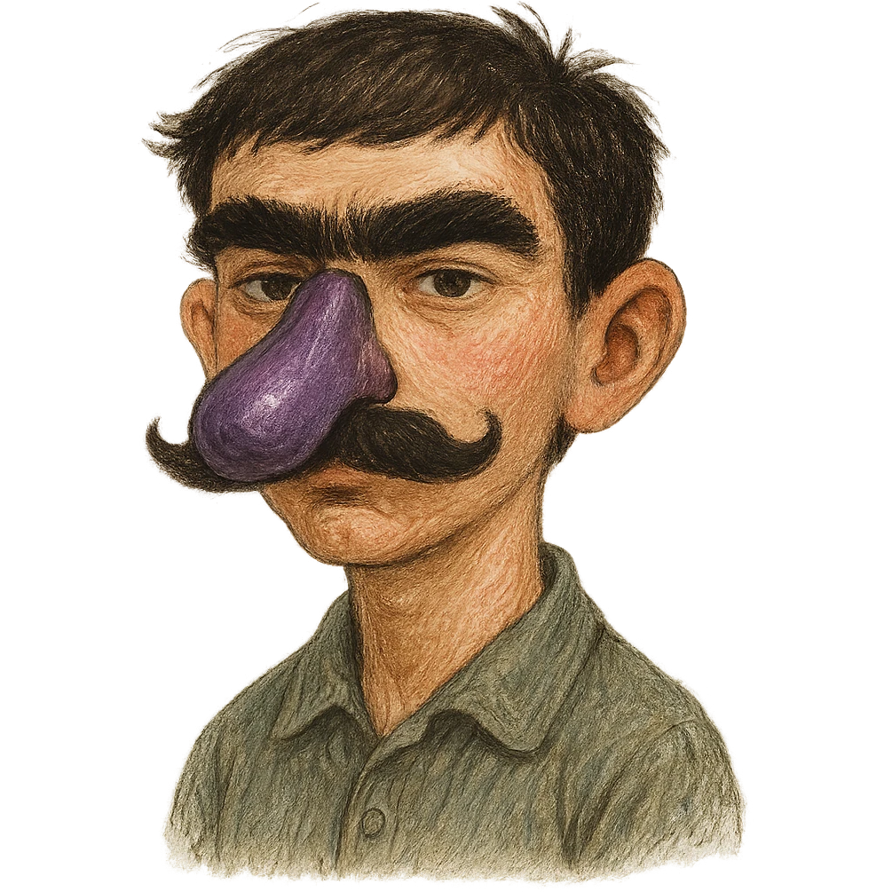 portrait of a boy with an eggplant-shaped nose, mustache, and unibrow, different artistic styles emoji