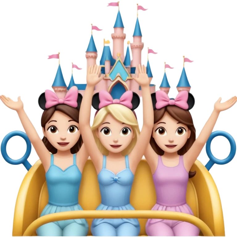 4 chicas montadas en una atraccion de levantando la mano con orejas de Disney puestas en una atracción emoji