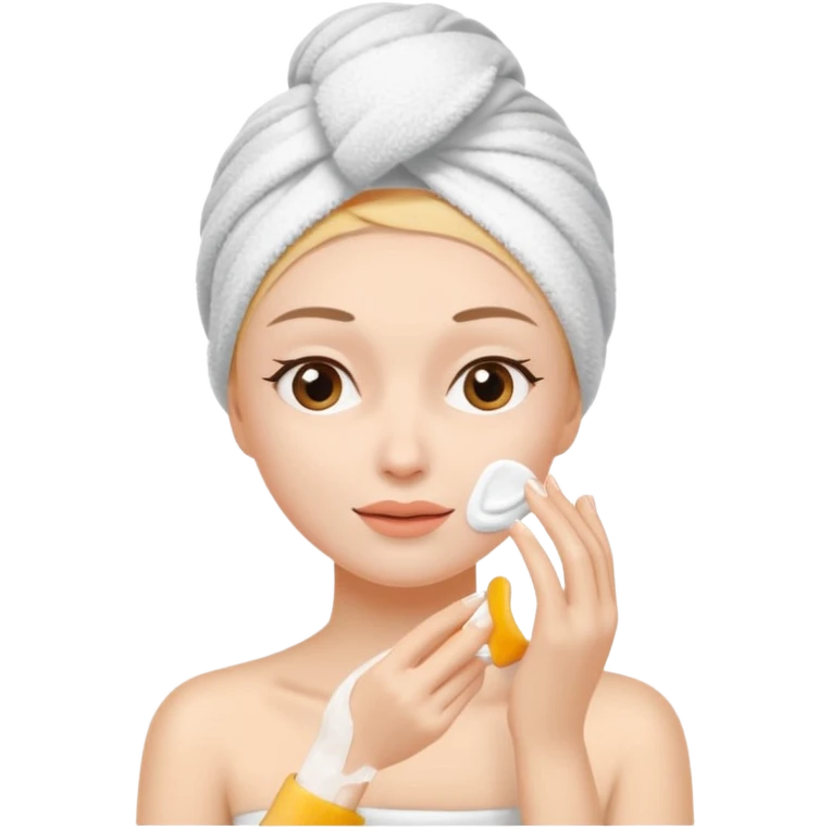 Девушка наносит крес для лица на голове полотенце  emoji
