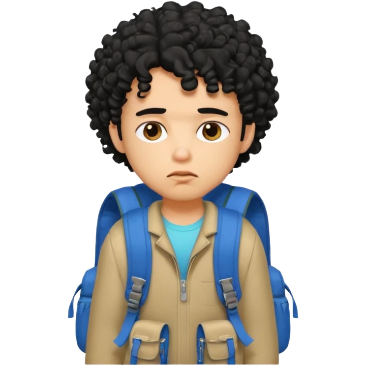 a pretty bratz guy with black curly hair wearing a backpack looking tired emoji