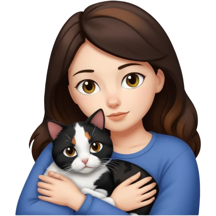 Brunette woman snuggling black brown and white calico cat emoji