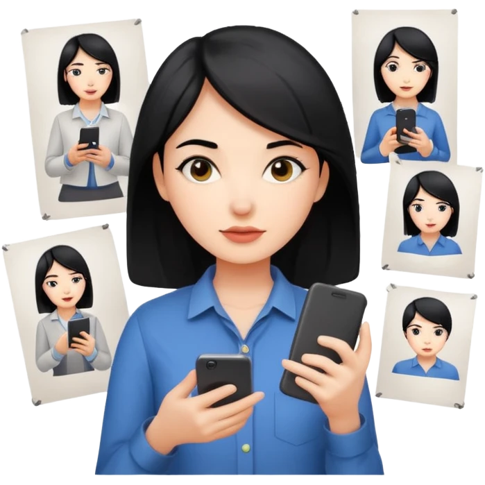 female UX designer with black hair holding a mobile phone and design sketches emoji