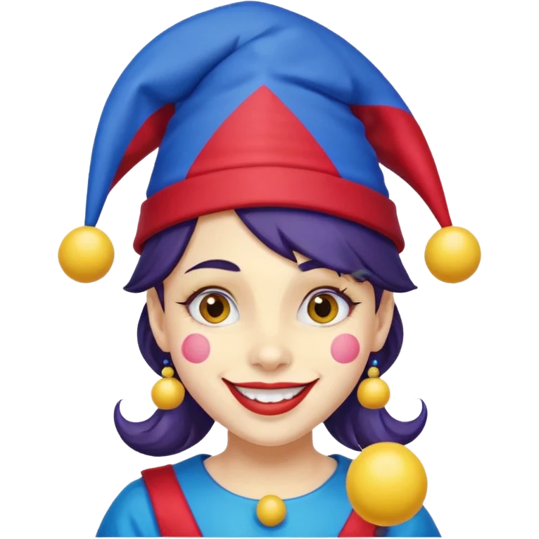 Girl with red and blue jester hat with yellow balls on the ends of the jester hat smiling with rosy cheeks and dark hair emoji