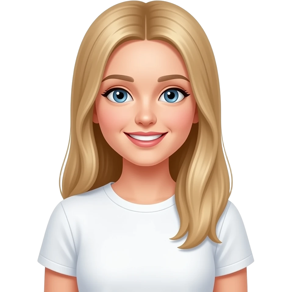 bella ragazza russa bionda capelli lisci lunghi e occhi chiari, con maglietta bianca e espressione felice molto emoji