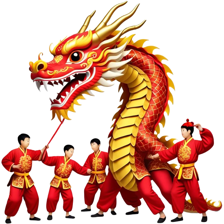 Cinematic Realistic scene of a traditional Chinese Dragon Dance featuring a team of performers skillfully manipulating a colossal, flexible dragon puppet, its intricately detailed, vibrant scales and flowing, embroidered fabric catching the light, set against a festive backdrop of red lanterns and dynamic red-tinged lighting that accentuates the majestic presence of the dragon puppet. emoji