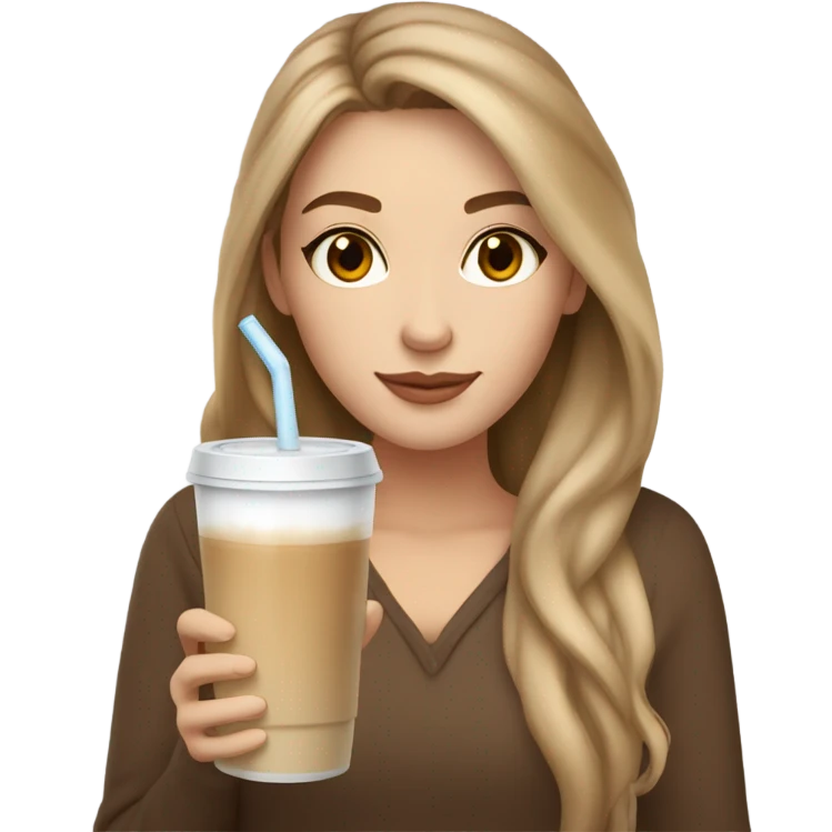 Beautiful white woman, long light brown hair, brown eyes, cozy holding an iced coffee emoji