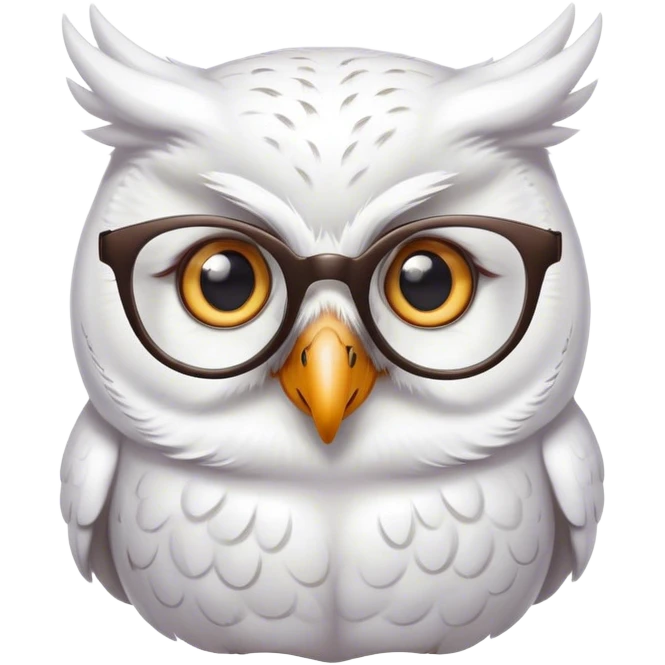 Thin feminine bright White owl with glasses and a question mark thought bubble emoji