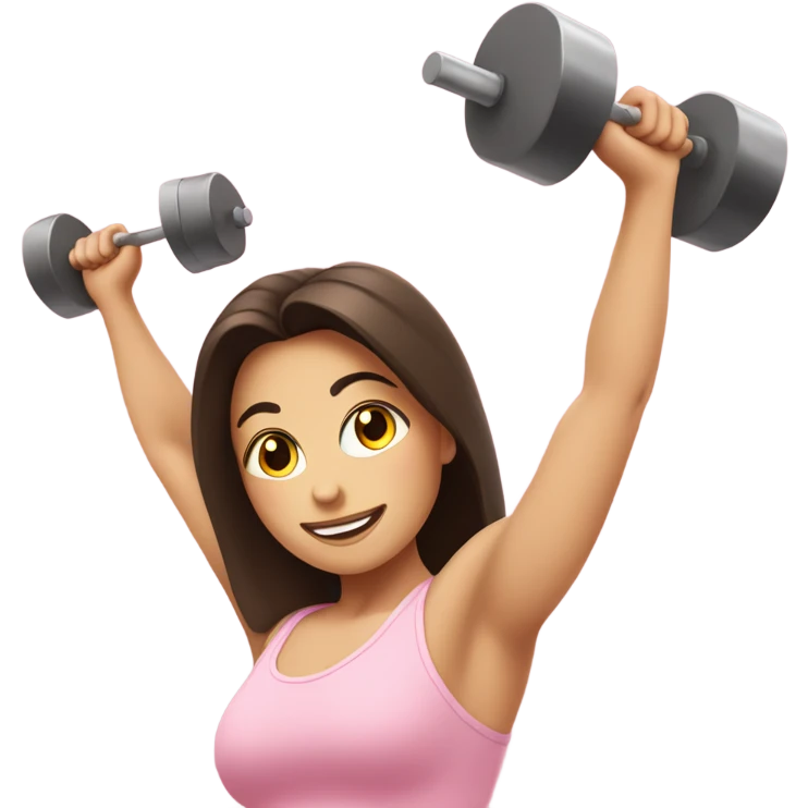 Pretty brunette lifting weights above head in light pink  emoji
