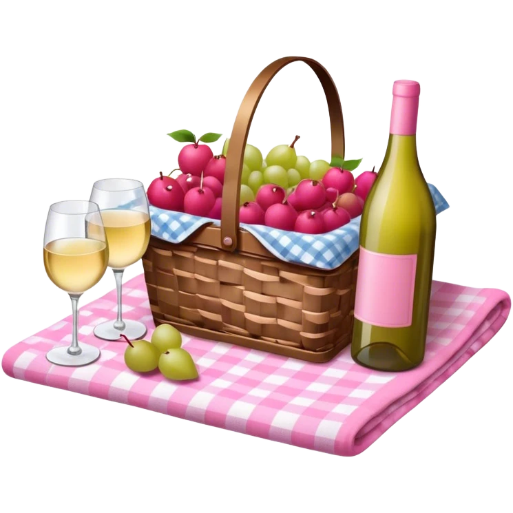 Picnic basket with pink fruit on a pink check blanket with white wine and glasses emoji