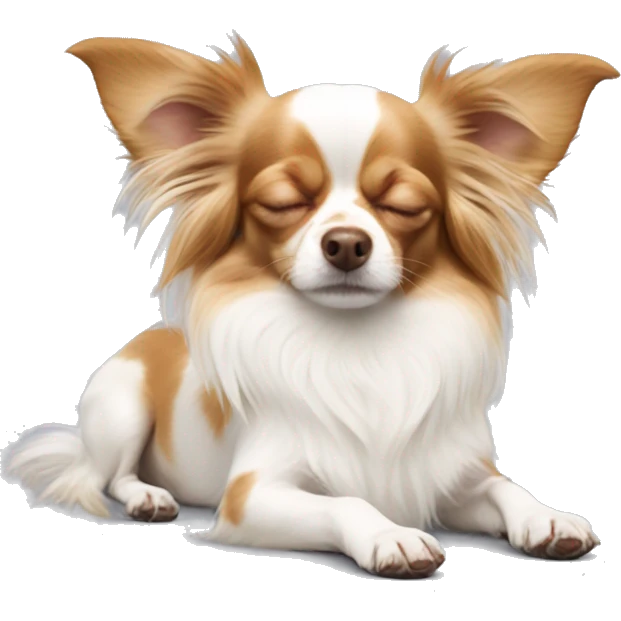 Long-haired white Chihuahua with reddish-brown markings sleeping emoji