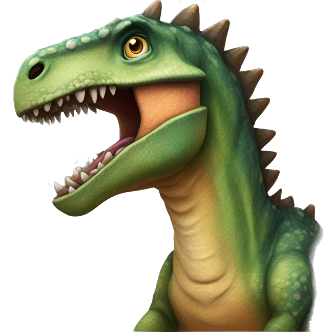the head of a dinosaur with a beak-like mouth, scaly textured skin, and a row of small spines along its back. The dinosaur has a curious expression with wide eyes and an open mouth. Use vibrant colors to emphasize the dinosaur's playful emoji