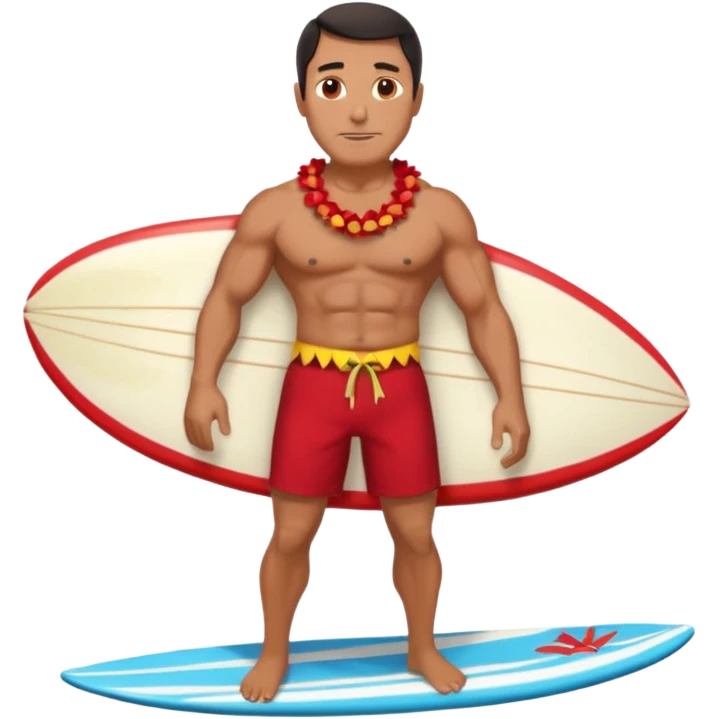 Dark-haired tan muscular 50 year old man with red shorts and shell lei surfing emoji