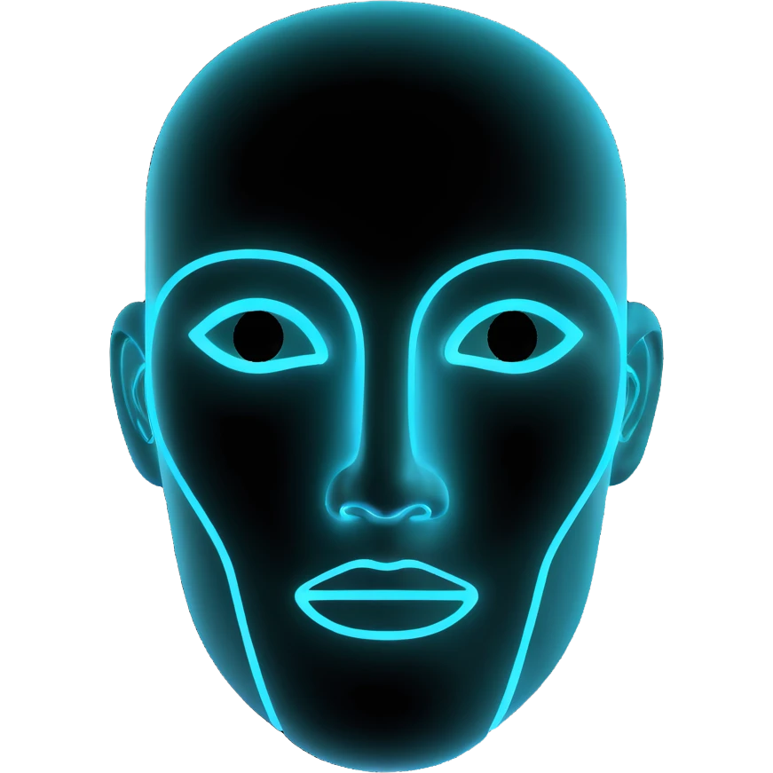 Minimalist futuristic AI avatar — clean glowing outline of a humanoid face, half-abstract with light reflections. emoji