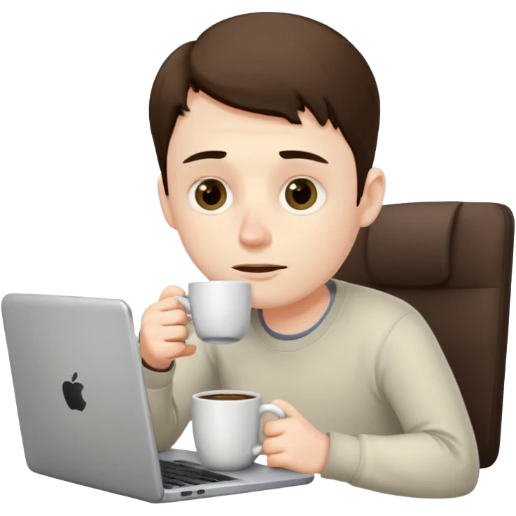 tired programmer with dark circles under his eyes drinks coffee with a laptop emoji