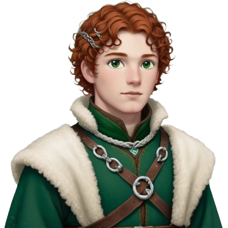 Medieval winter outfit worn by a DnD themed fantasy male character. Rich brown leather-trimmed wool tunic with sheepskin lining, featuring intricate metal buckles at the collar, paired with a heavy braided belt. Clothes only above the waist, full waist coverage. The character has no arms. Character is white-skinned with auburn hair, emerald green eyes, and short curly hair beneath a light dusting of snow. emoji