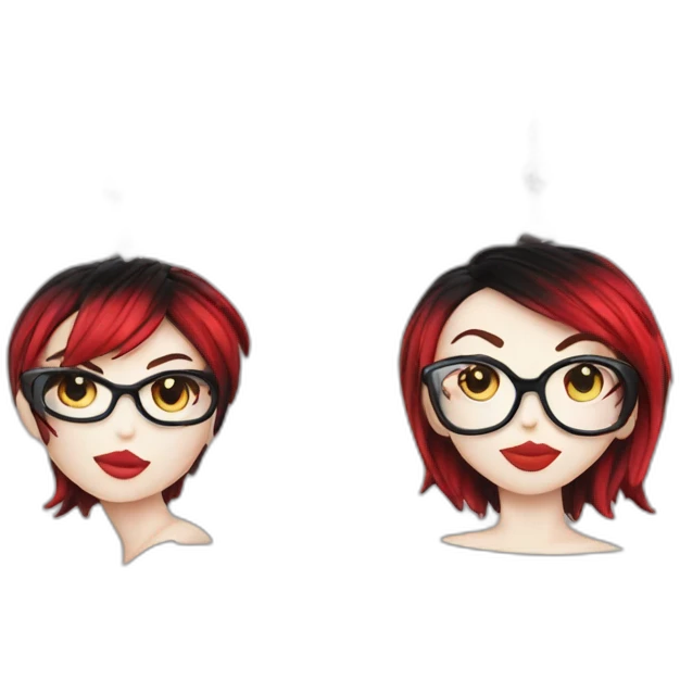 Punk female earrings glasses,red and black short hair, emoji