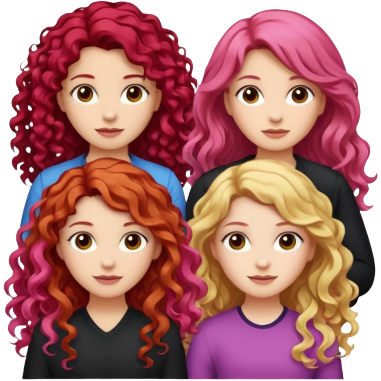 5 girls, one curly redhead, one with brunette dyed blonde hair, one long haired wavy brunette, one mid-length haired brunette, and one black haired girl with partially dyed bright red/pink hair emoji