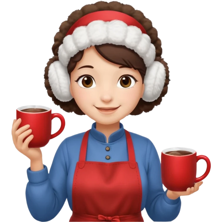 A cozy vendor with fluffy earmuffs, wearing apron handing out steaming cocoa with a warm smile. emoji