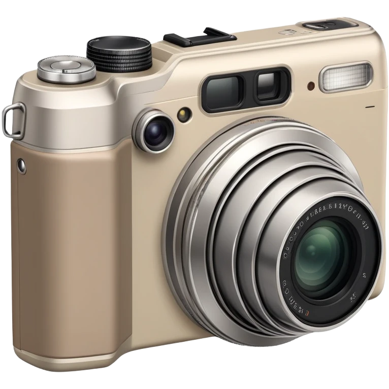 Minimalist Olympus Superzoom 70G camera from side angle, grayish-beige color, simplified profile showing characteristic silhouette with very few details emoji
