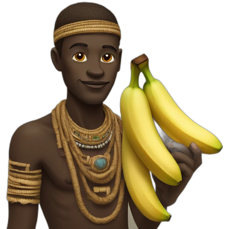 Un homme d’une tribu africaine et un singe tiennent une banane emoji