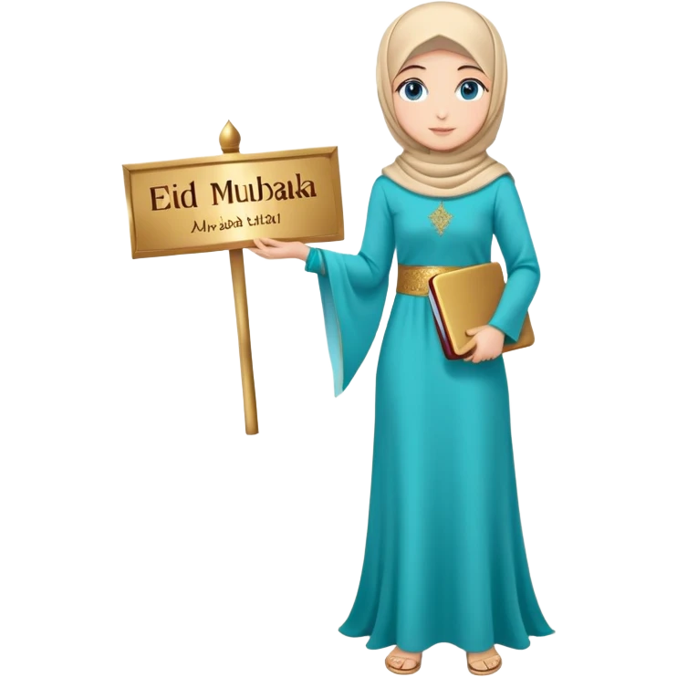 Turkish beautiful finish Konya girl blue eyes with gold hijab and islamic long tailed turquoise dress on the floor and had on her hand text Eid Mubarak  emoji