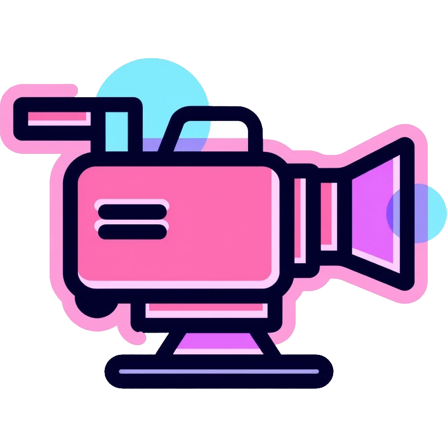 videographer's camera in pink color, with neon glow lines, blue neon glow on top left, purple neon glow on bottom right emoji