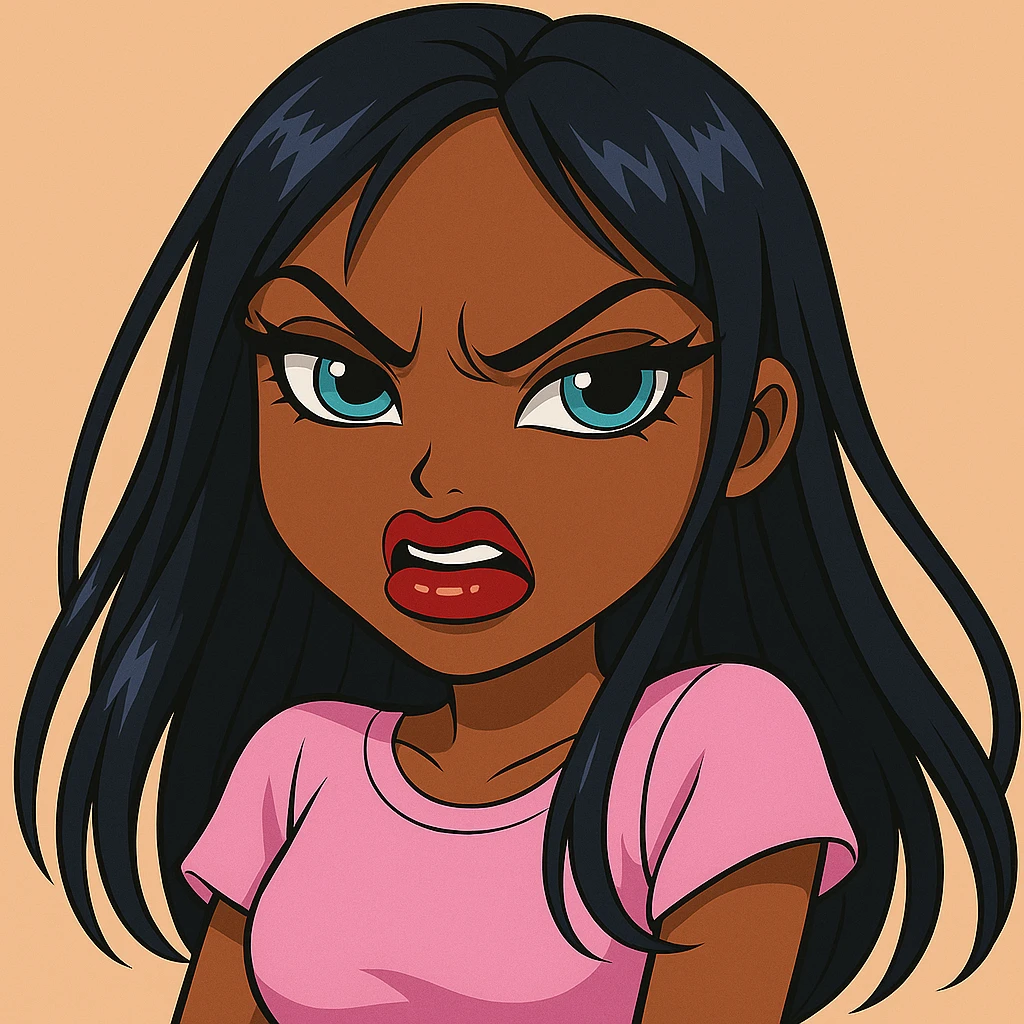 Change her expression to angry, keep her as a 20-year-old anime Bratz style woman with dark skin, dark hair, bold colorful fashion-forward look, big expressive eyes, and glossy lips. Maintain the anime Bratz style and the original look except for the angry expression. emoji