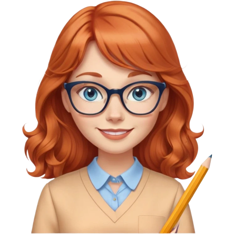 smiling redheaded woman with long wavy hair and bangs, blue eyes, cat-eye glasses, pencil skirt, apricot blouse, holding a pencil emoji