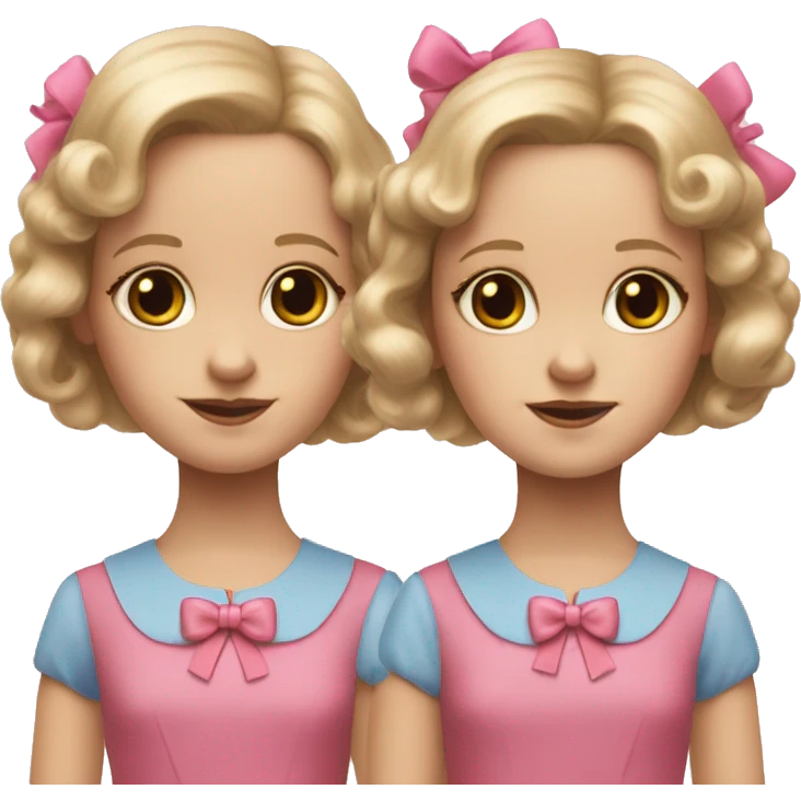twins from the film, the shining. blonde hair with pink bows, blue dresses with pink trim emoji