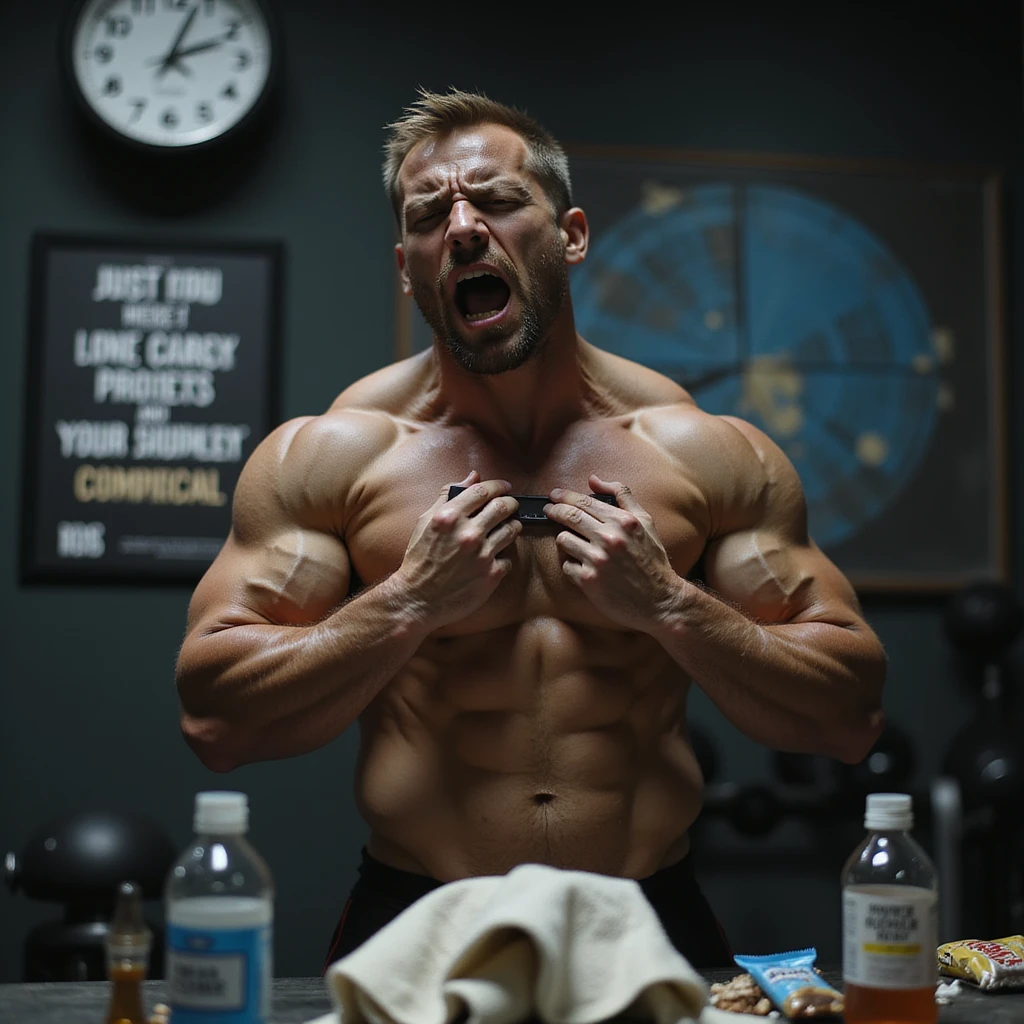 hyperrealistic 4K image of a muscular man in his 30s breathing heavily, panic and stress in his eyes, checking heart rate monitor, gym equipment scattered, gym towel wrung out, empty bottles and protein bar wrappers, veins bulging, harsh lighting, gym clock shows late hour, motivational poster emoji