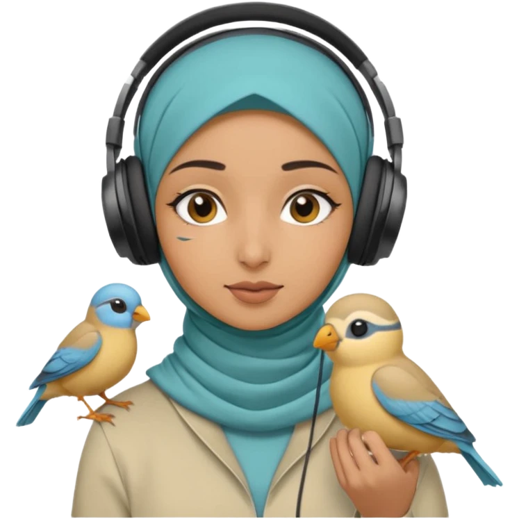 A hijabi girl with a medium skin tone wearing headphones with a small birdie on her head emoji