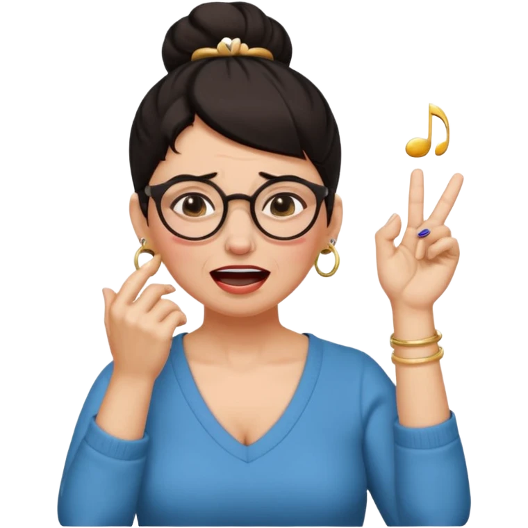  middle aged woman with dark hair pulled up in a high bun, wearing round ring earrings and glasses with a very painful expression on her face, eyes squeeed shut, wincing in pain, sticking her fingers in her ears trying to not hear a terrible singer who is too loud and out of tune.  emoji