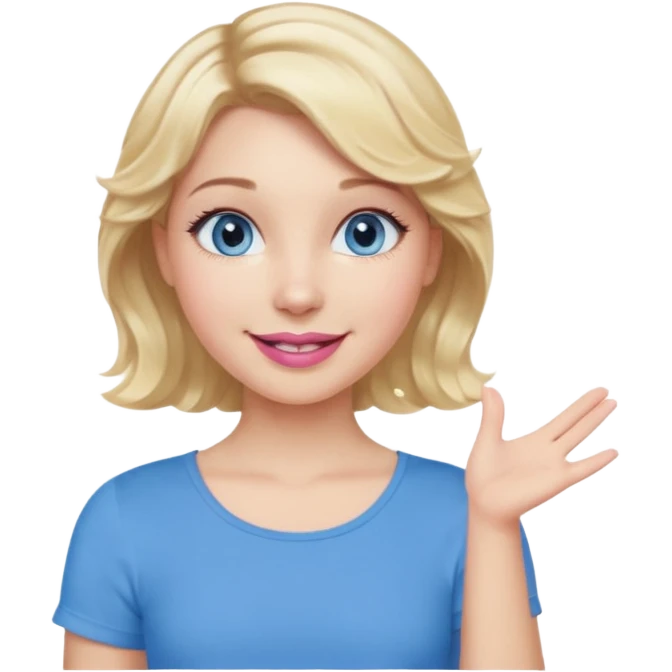 Girl Blonde short wavy hair,  blue eyes, cute blue top, long lashes, pink lips, smiling, one hand in the air emoji