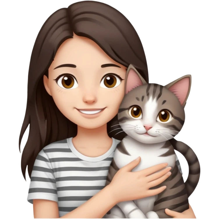 a girl with long dark brown hair, in a
white T-shirt and brown eyes, smile, hugs a tabby
dark grey and white strips one cat emoji