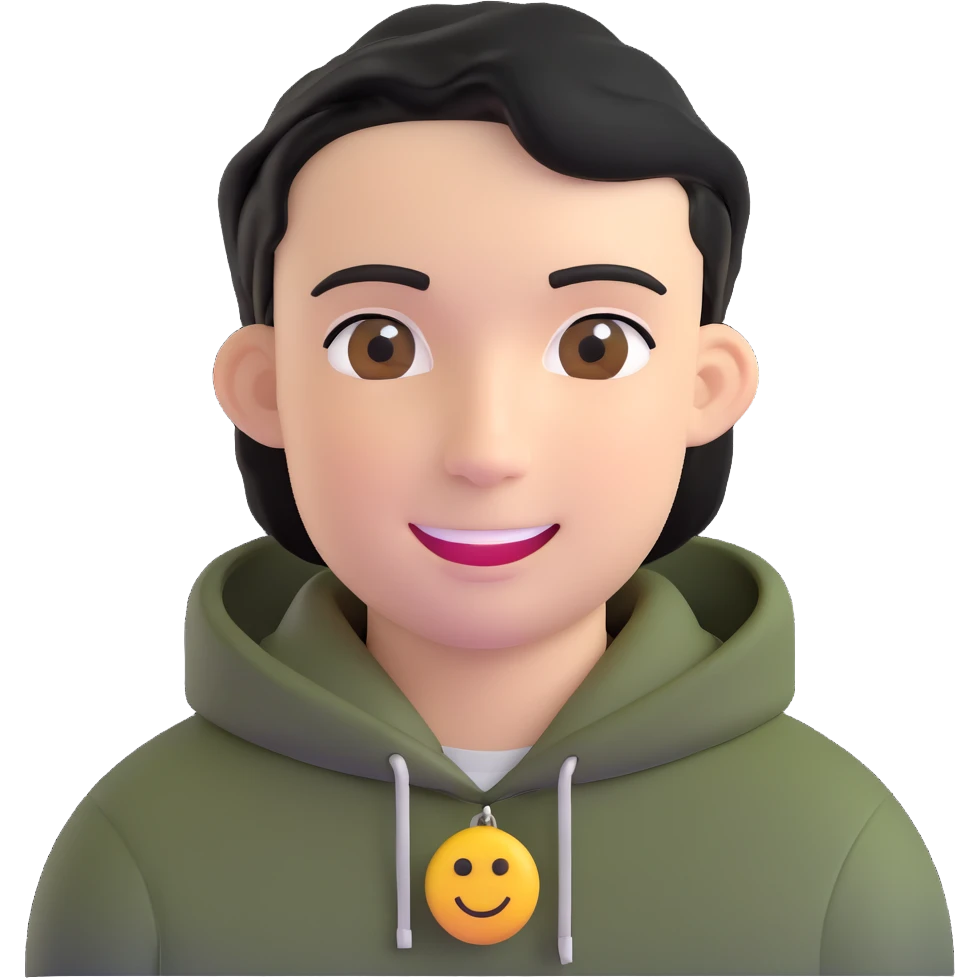 man with smiley face, black hair military cut, brown eyes, wearing 2 circle earrings and a black hoodie emoji