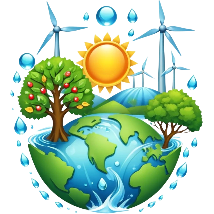 An icon featuring a green Earth, a tree, recycling symbols, and renewable energy sources like wind turbines, solar panels, and hydropower. The design includes animals, water droplets, and the sun, representing ecology, sustainable energy, and environmental protection. Transparent background. emoji