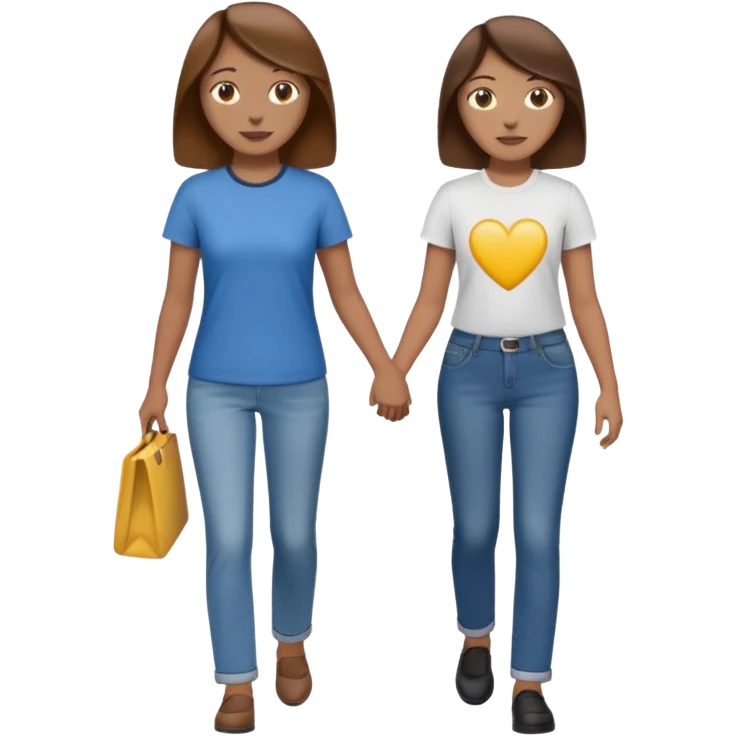 based on emoji style, two people walking together. one is brown-haired woman, wearing business casual,  Another one is a non-binary person, wearing t shirt and jeans, and the second person doesn't have anything on their hands. emoji
