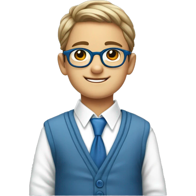 UN NIÑO DE 12 AÑOS CON SUETER AZUL, CAMISA BLANCA Y CORBATA ROJA, CON LENTES MUY ALEGRE, QUE SEÑALE EN PULGAR ARRIBA, Y EL BAJO DEL DIBUJO DIGA LA PALABRA OKEY emoji