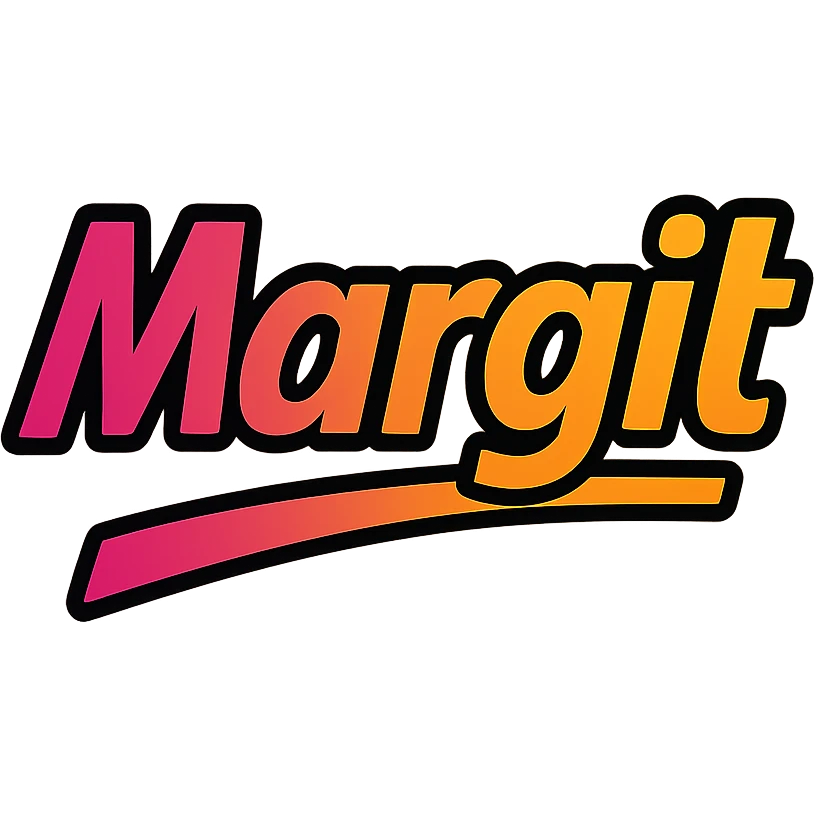 Margit name in modern colorful gradient font with dark outline, dynamic slanted or partial underline, transparent background, in the style of reference patterns emoji
