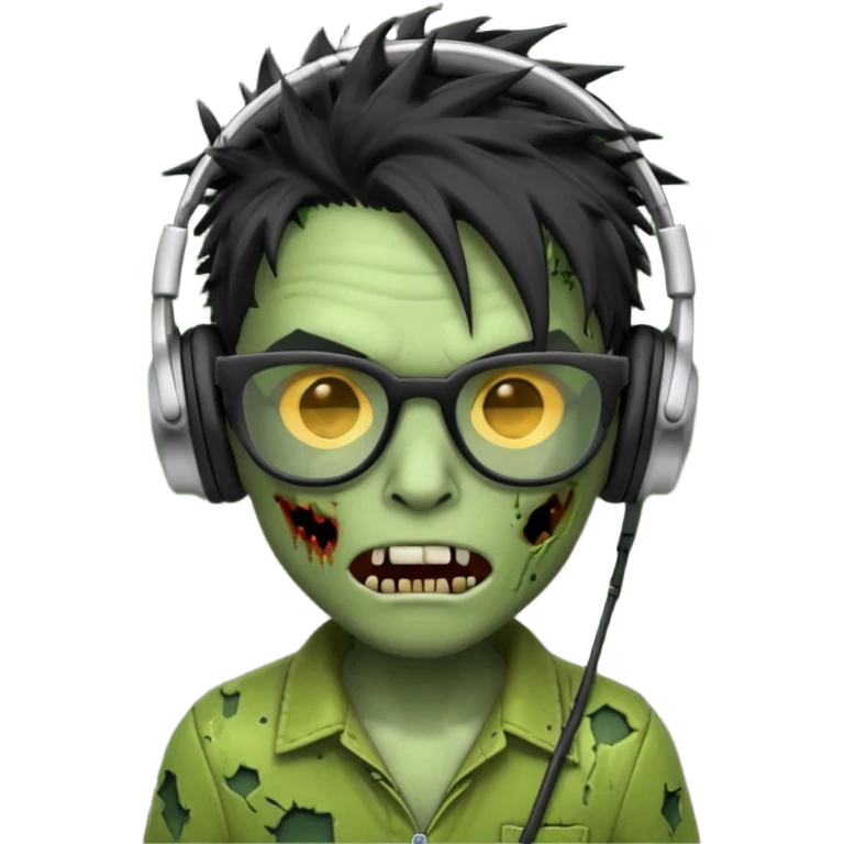 make a zombie iphone emoji with black  glasses, scratches black spiky hair and headphone, green skin
 emoji