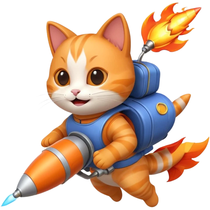 cute cat flying with a rocket pack on its back, rocket flames, happy face, 3D cartoon, mobile game icon style, clean background, no text, no watermark
 emoji