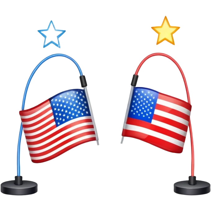 symbolic hot wire connecting Russia and USA with Russian and US flags at each end, glowing wire in the middle, tense atmosphere emoji