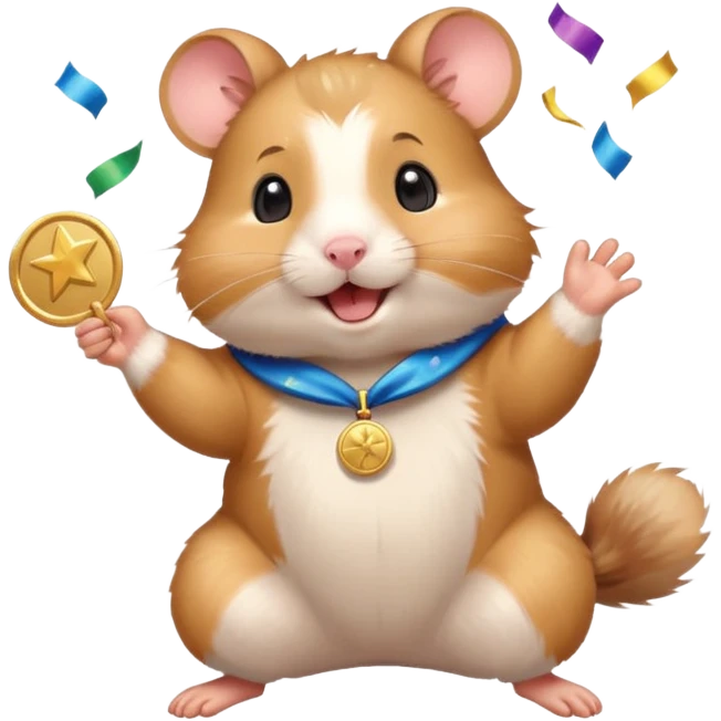 Cute cartoon-style hamster throwing confetti, holding a tiny medal, joyful expression. Painterly shading, white background, sticker-style illustration emoji